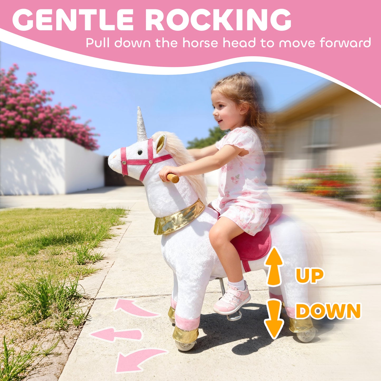 Kids Rocking Horse, Plush Ride On Unicorn Toy with Wheels, White