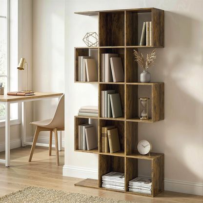 Geometric Bookshelf, 5-Tier S Shaped Bookcase, Rustic Brown