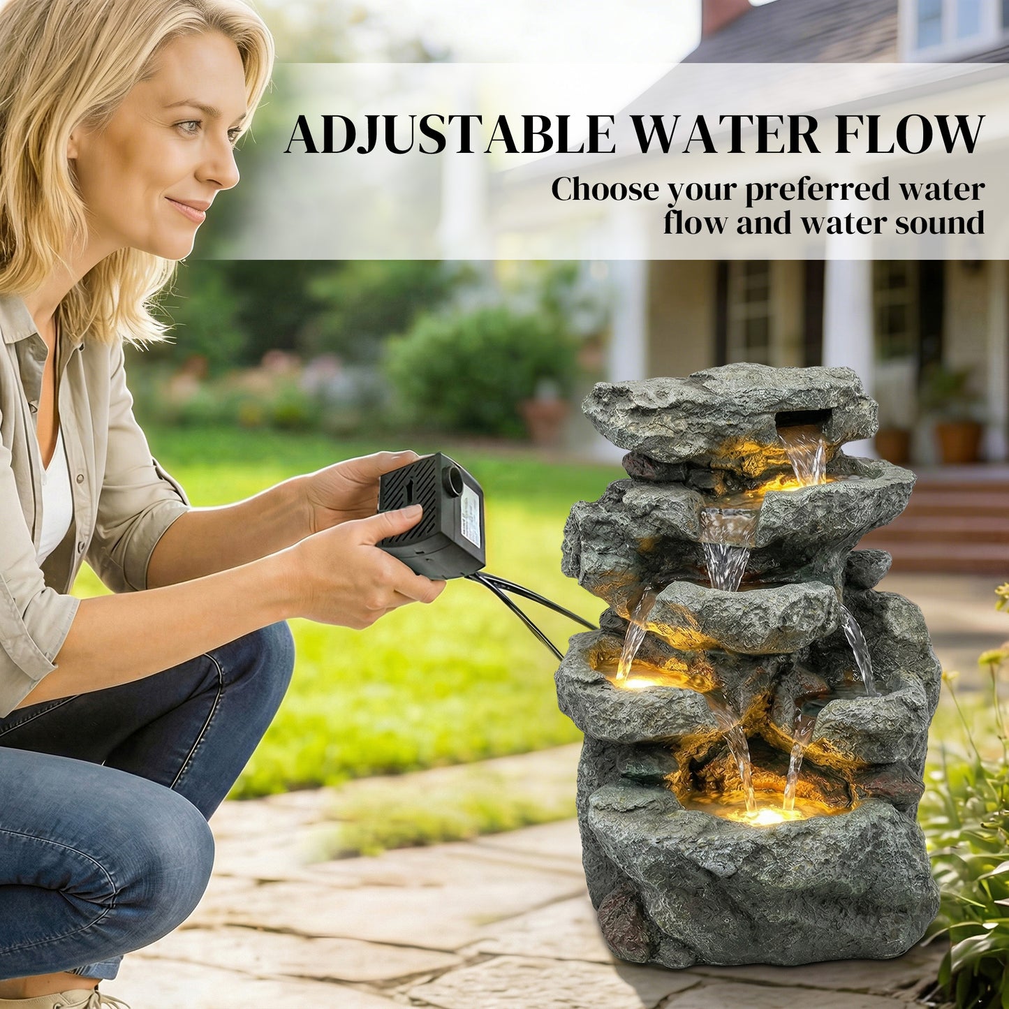 Outdoor Fountain, Resin Freestanding Garden Fountain, Grey