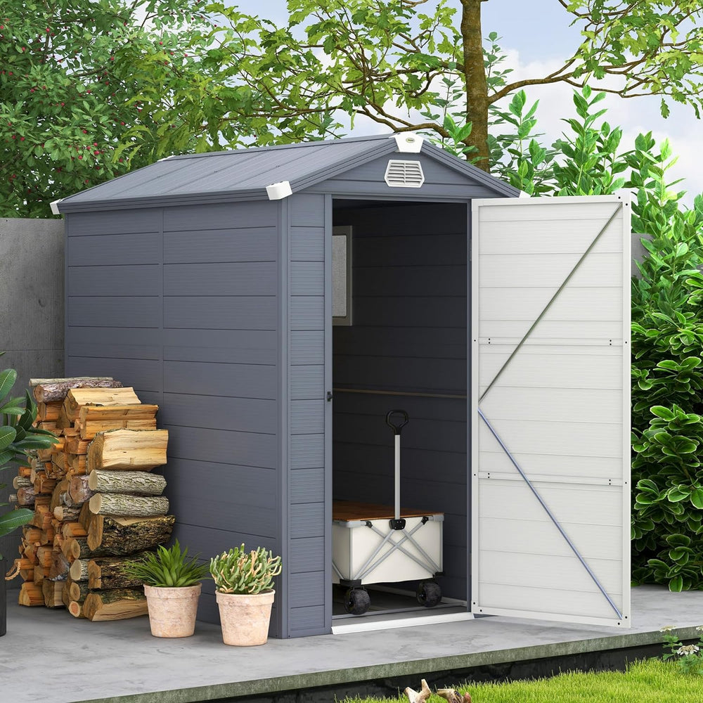 4 x 6ft Garden Shed with Foundation Kit,Outdoor Storage Tool House with Ventilation Slots & Lockable Door, Grey