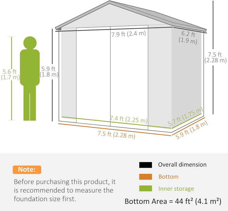 8 x 6ft Garden Shed with Foundation Kit Outdoor Storage Tool House with Ventilation Slots and Lockable Door, Grey