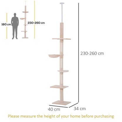 Floor to Ceiling Cat Tree for Indoor Cats 5-Tier Kitty Tower Climbing Activity Center Scratching Post Adjustable Height 230-260 cm Beige