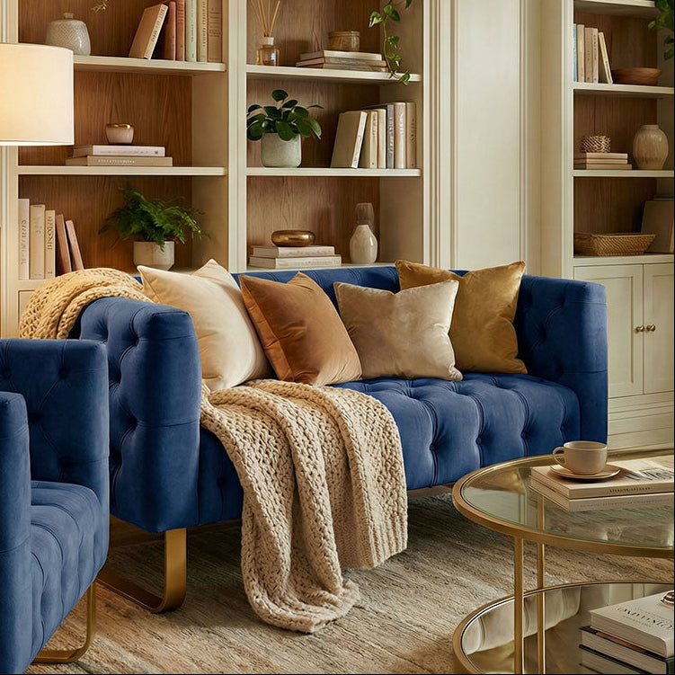 Grosvenor Two Seat Sofa - Navy Blue - Brushed Brass