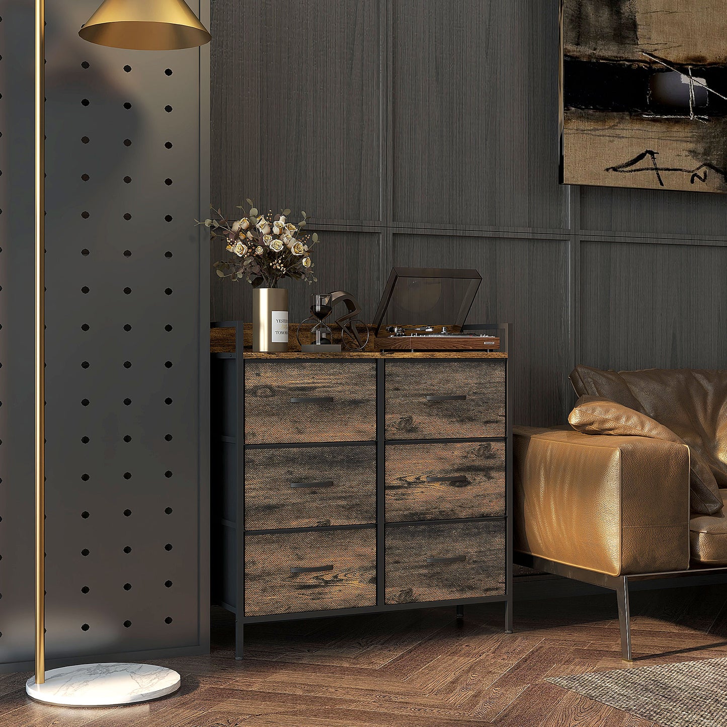 Bedroom Chest of Drawers 6 Drawer Dresser w/ Shelf, Rustic Brown