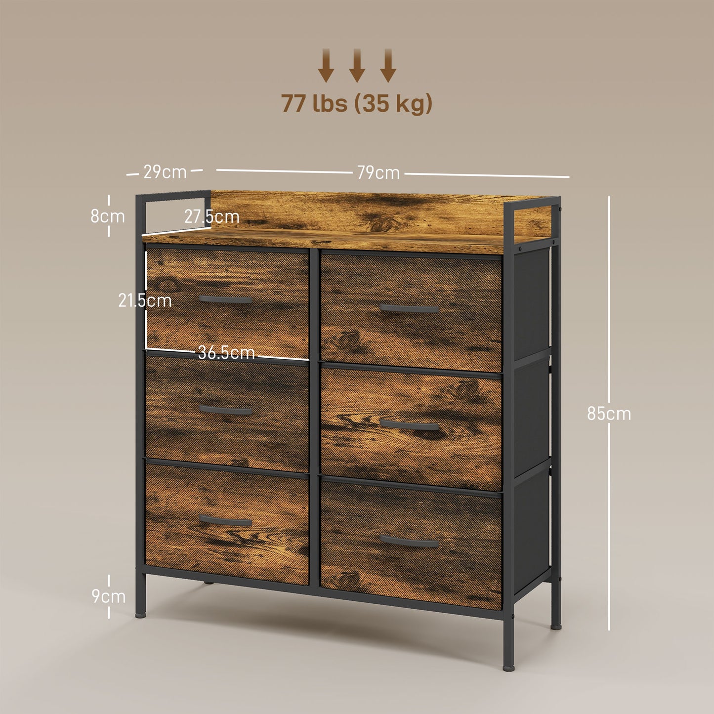 Bedroom Chest of Drawers 6 Drawer Dresser w/ Shelf, Rustic Brown