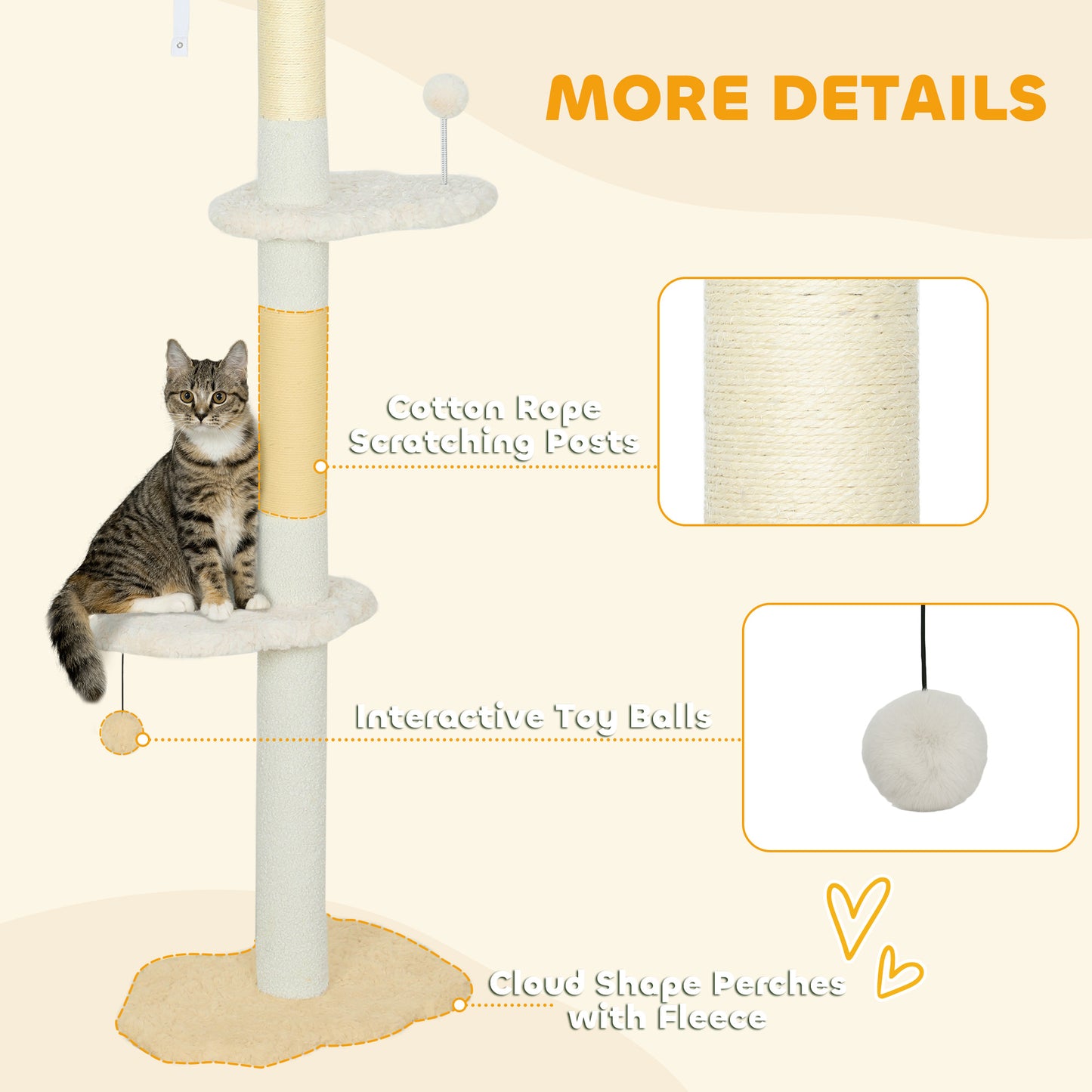  225-255 cm Adjustable Cat Tree with Sisal Scratching Posts, Beige