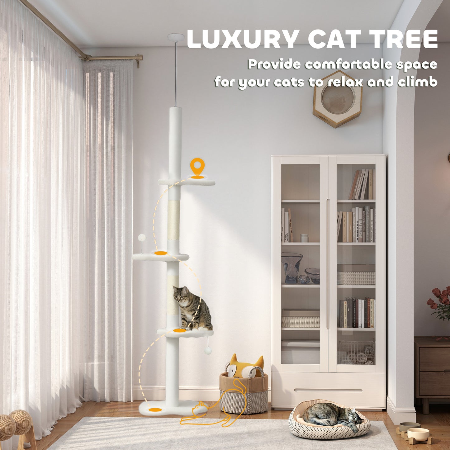  225-255 cm Adjustable Cat Tree with Sisal Scratching Posts, Beige