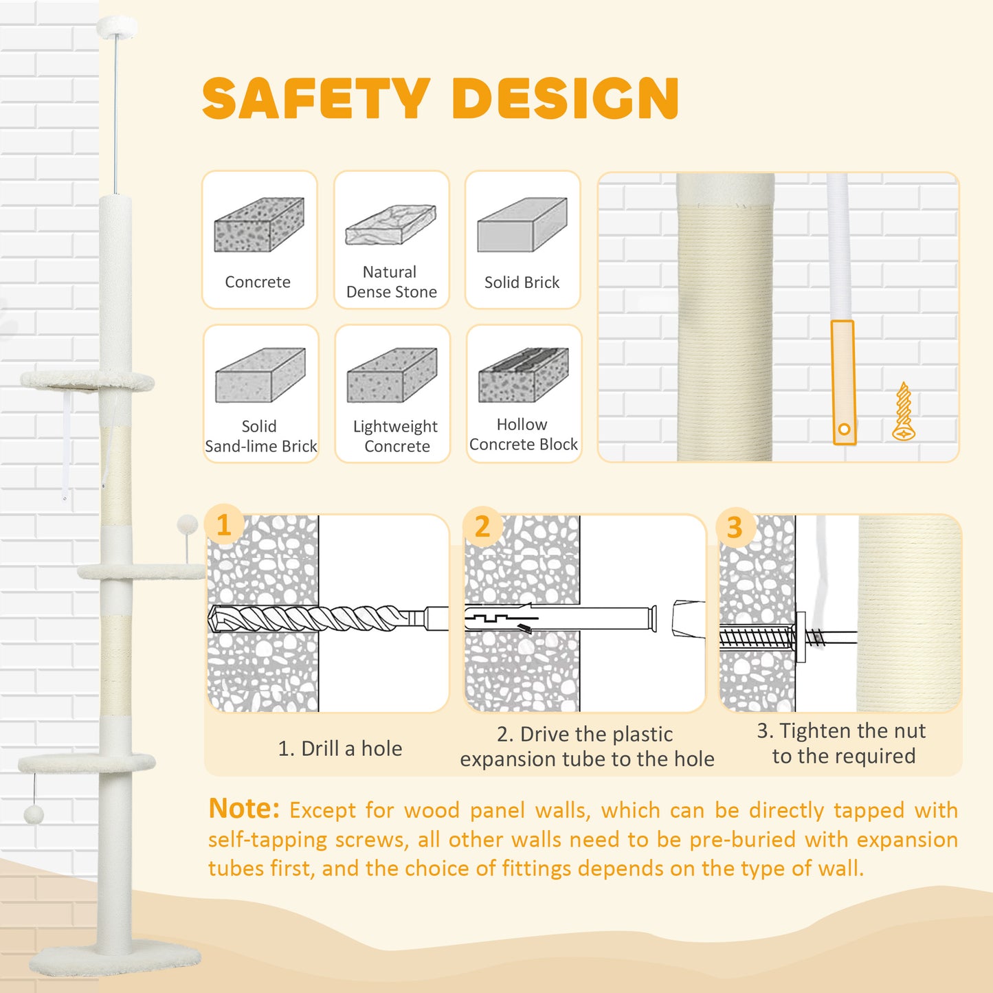  225-255 cm Adjustable Cat Tree with Sisal Scratching Posts, Beige