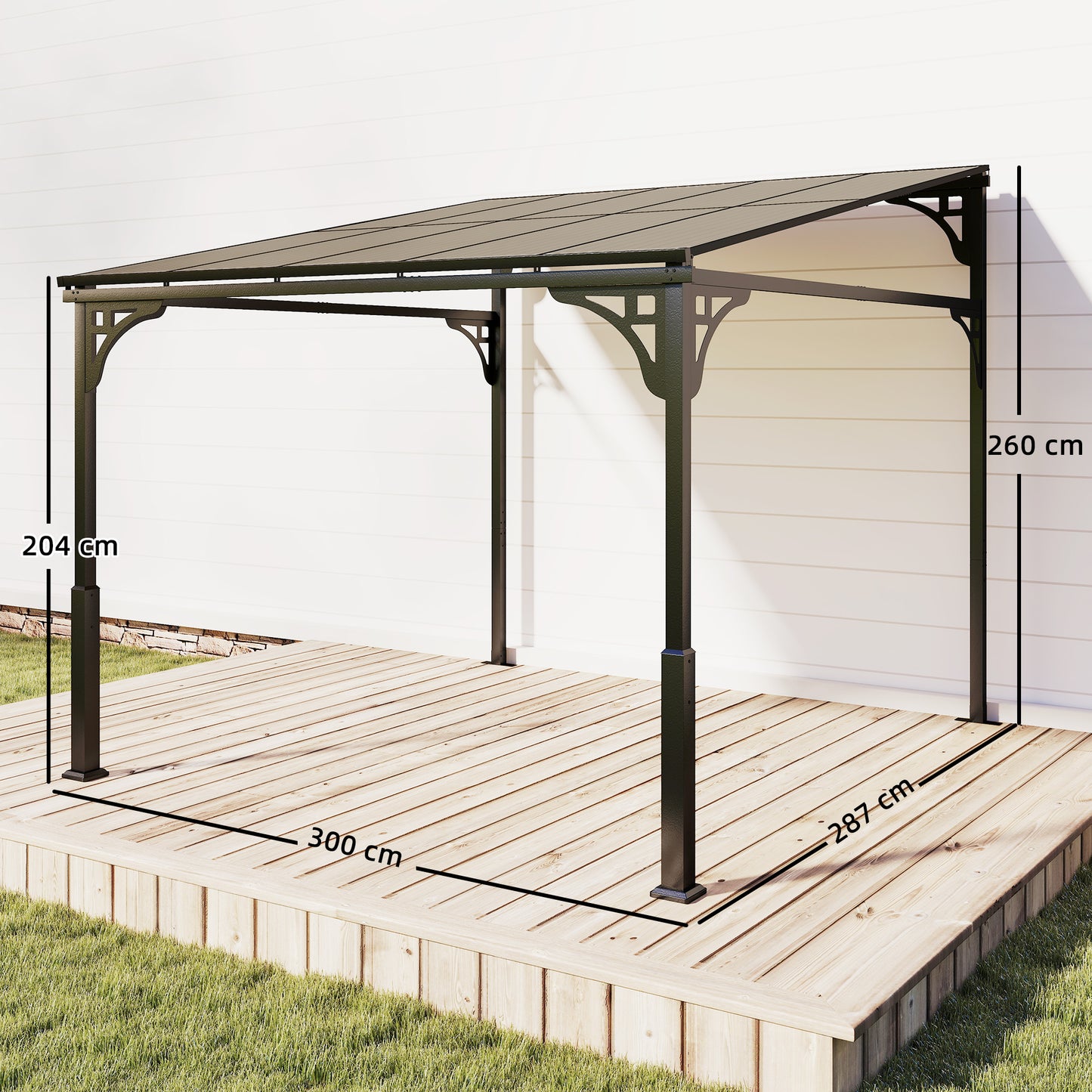3 x 2.87 m Metal Lean-to Hardtop Gazebo, Wall-Mounted Pergola