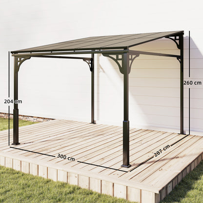 3 x 2.87 m Metal Lean-to Hardtop Gazebo, Wall-Mounted Pergola