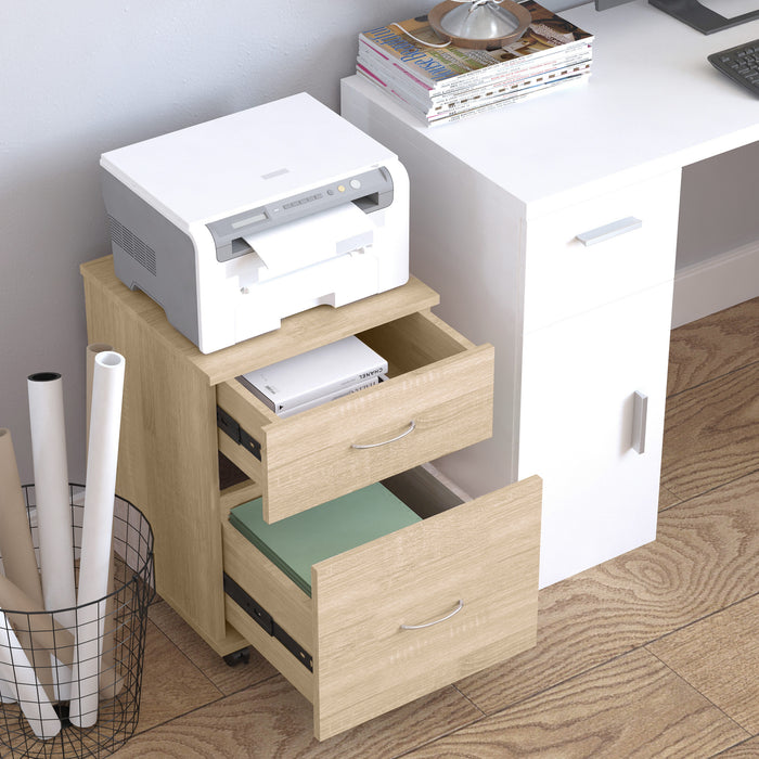 File Cabinet Cupboard Storage with Two Drawers, Table Storage Box with Wheels, Cabinet Bedside Table Storage Box, Oak