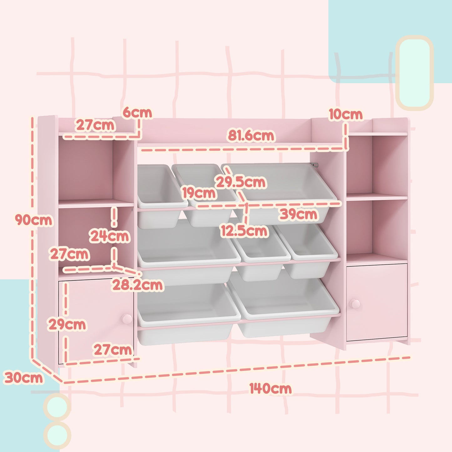 Kids Toy Storage Organiser with 8 Removable Storage Bins, Pink