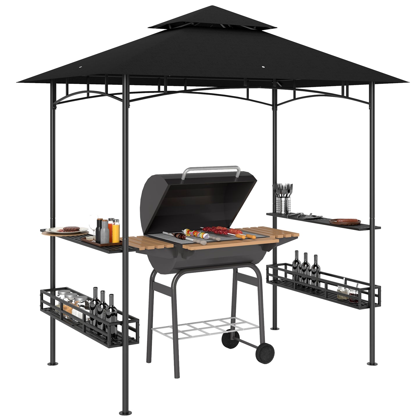 8' x 5' Grill Gazebo Canopy with 2 Side Shelves, Hook, Dark Grey