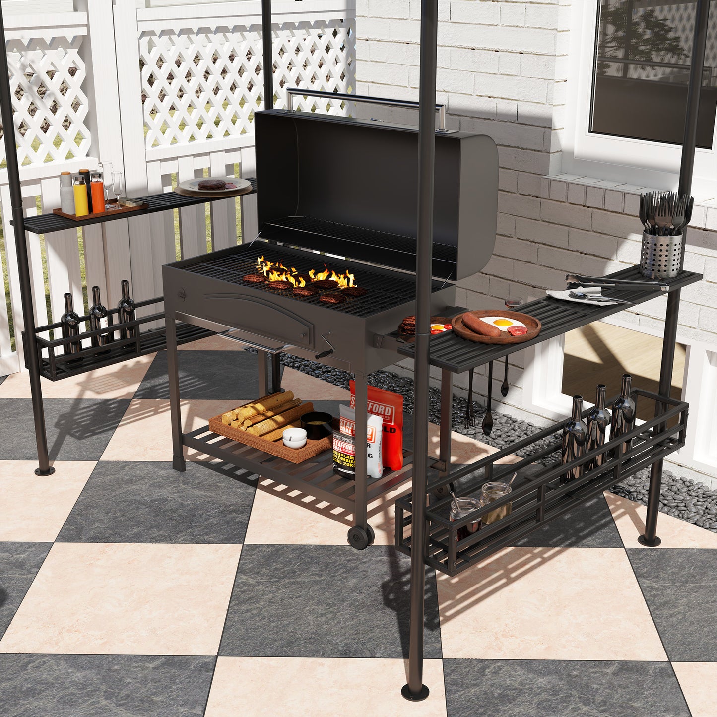 8' x 5' Grill Gazebo Canopy with 2 Side Shelves, Hook, Dark Grey