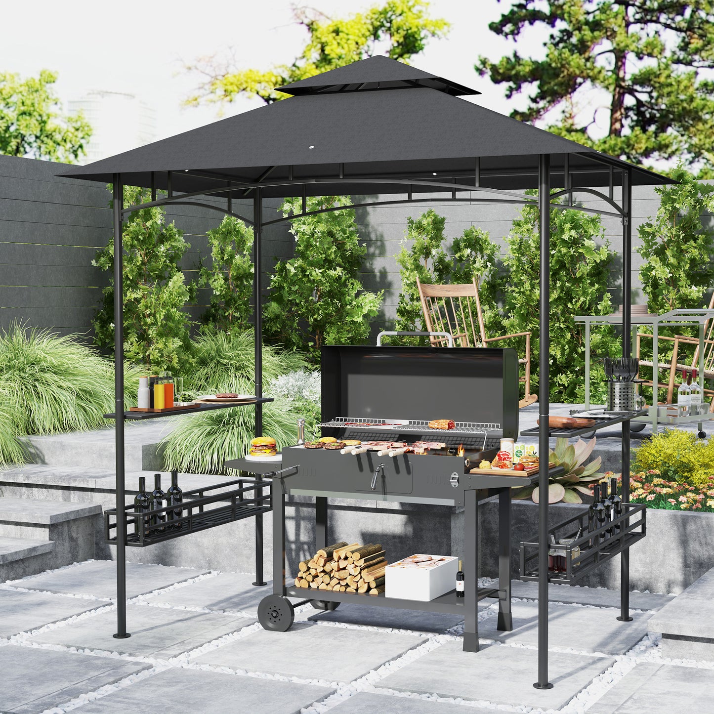 8' x 5' Grill Gazebo Canopy with 2 Side Shelves, Hook, Dark Grey