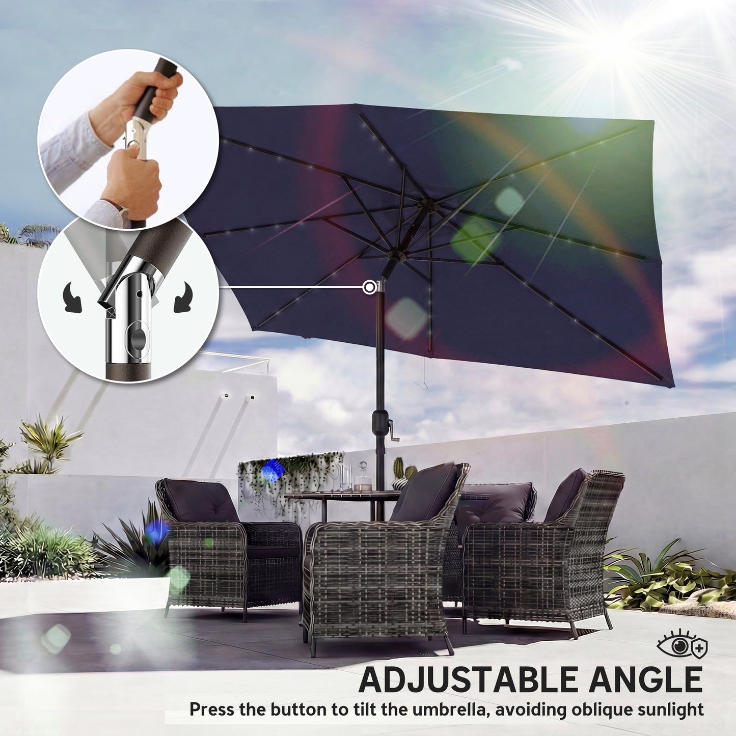 3 x 2 m Garden Parasol Umbrella with Light, Outdoor Patio Umbrella