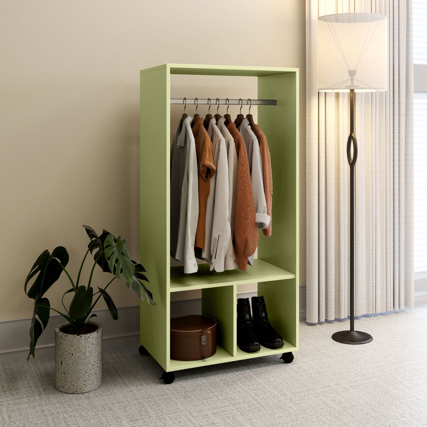 Open Wardrobe Clothes Rail Bedroom Clothes Storage Rod Shelves Green