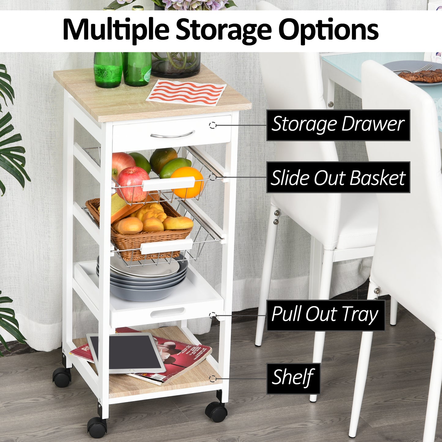 Mobile Rolling Kitchen Island Trolley for Home Metal Baskets Tray Shelves