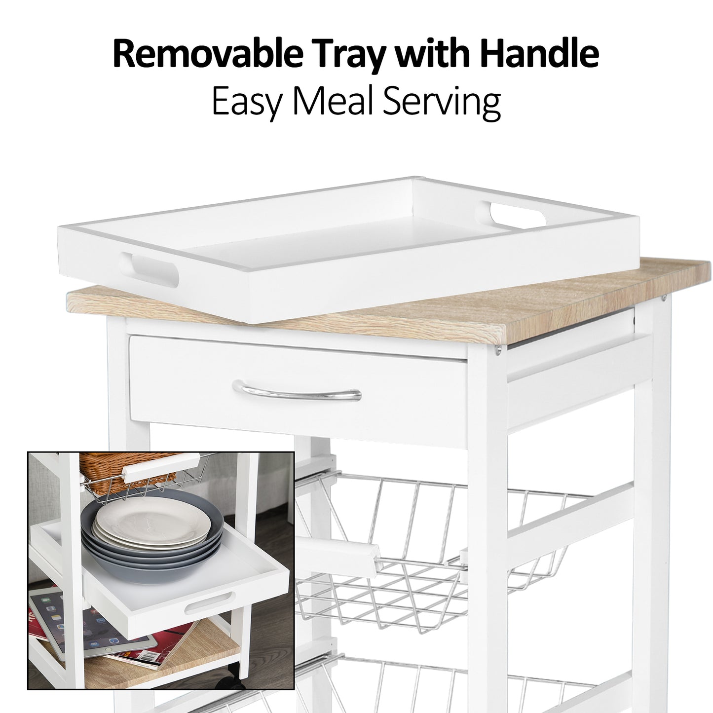 Mobile Rolling Kitchen Island Trolley for Home Metal Baskets Tray Shelves