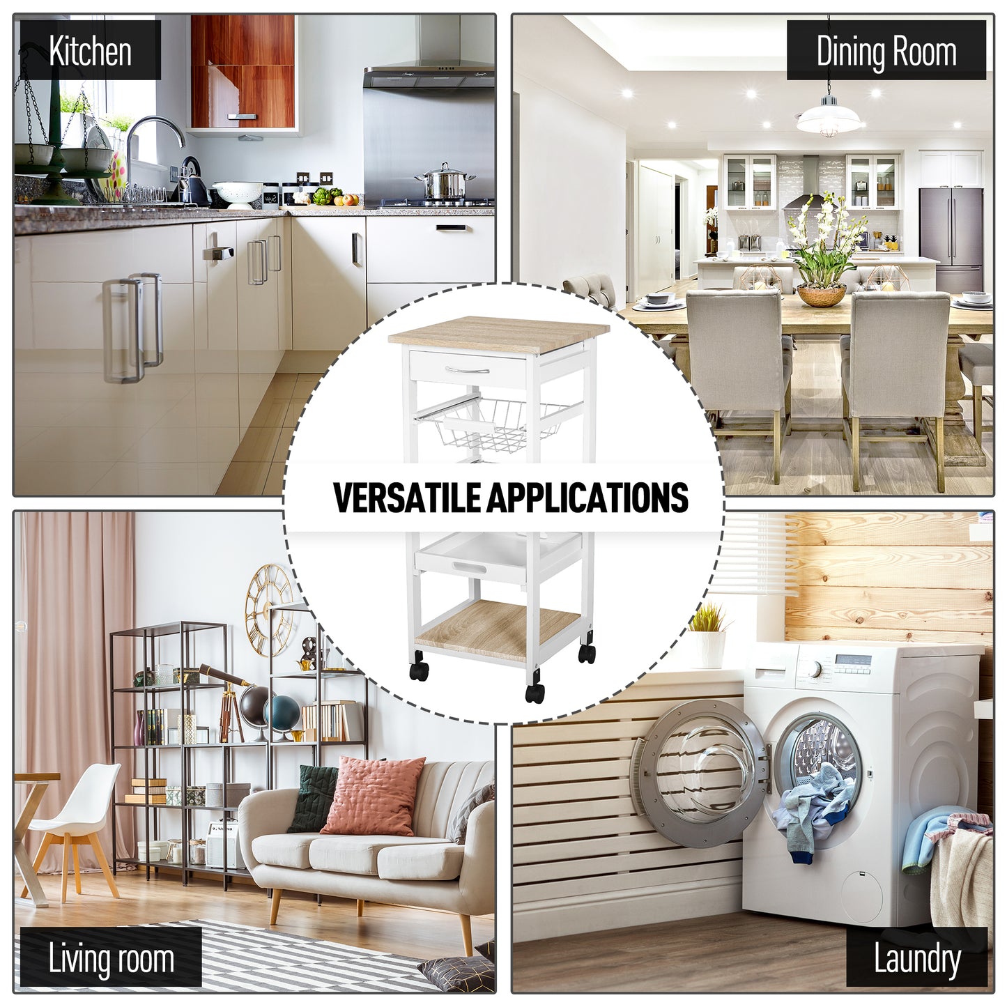 Mobile Rolling Kitchen Island Trolley for Home Metal Baskets Tray Shelves