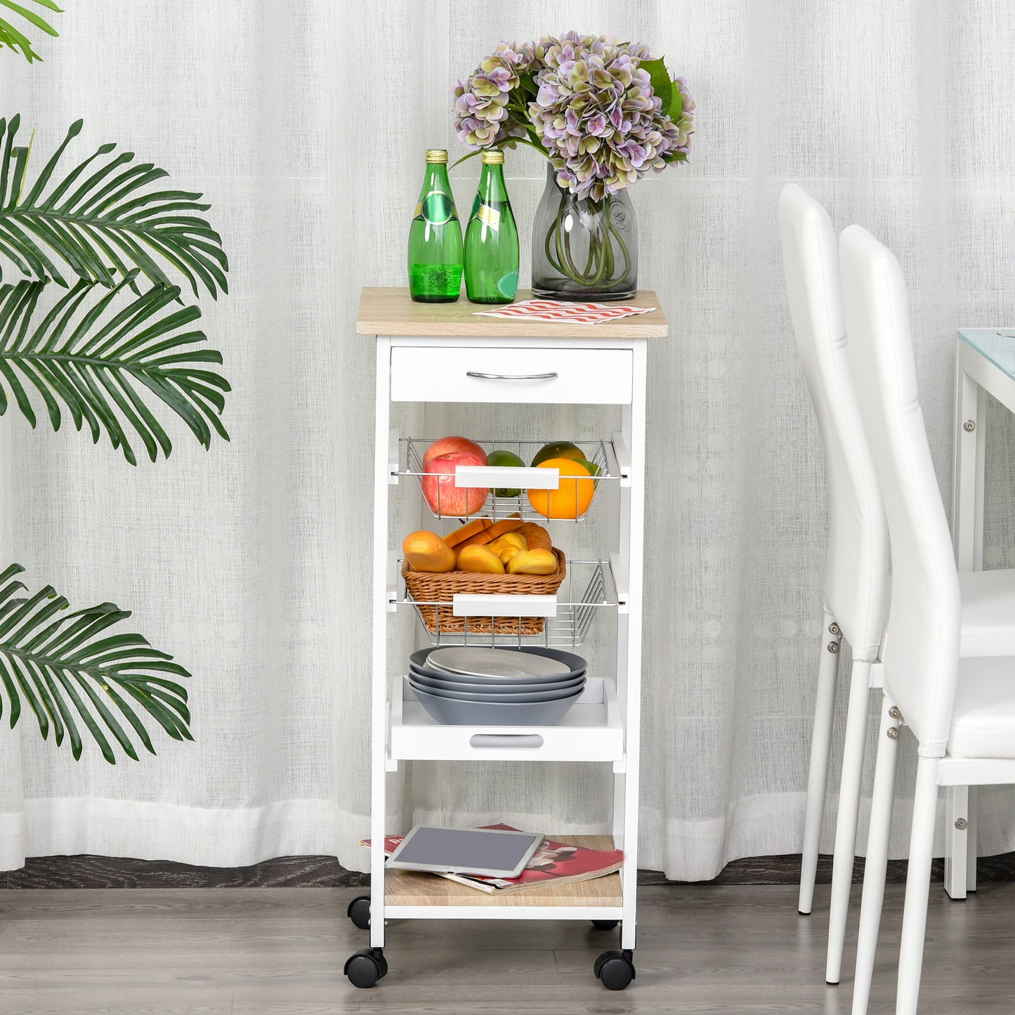 Mobile Rolling Kitchen Island Trolley for Home Metal Baskets Tray Shelves