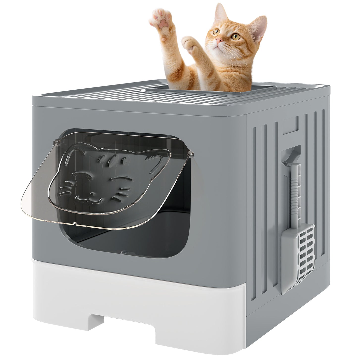Foldable Cat Litter Box with Lid, Slide-Out Drawer, Grey
