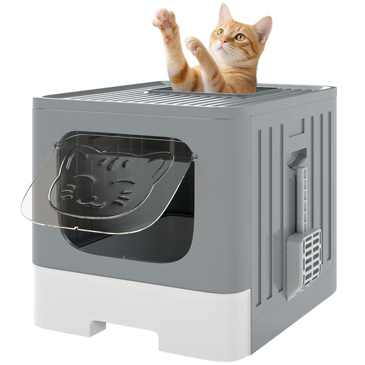 Foldable Cat Litter Box with Lid, Slide-Out Drawer, Grey