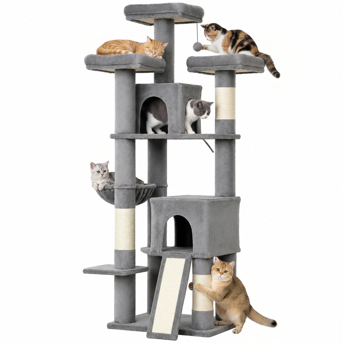 184cm Cat Tree with 2 Condos, 3 Beds and Hammock - Dark Grey