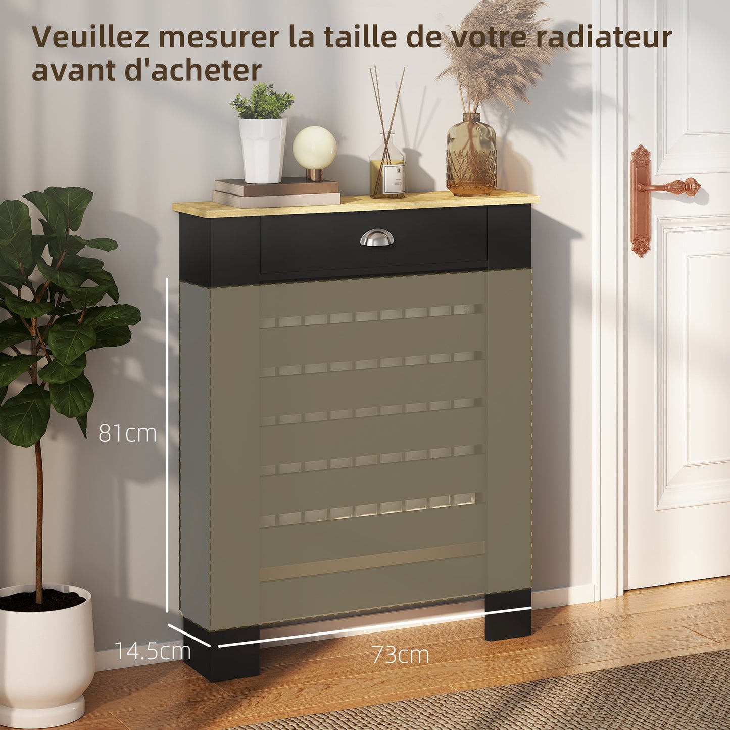Radiator Cover with Drawer, Horizontal Slat, 78cm, Black
