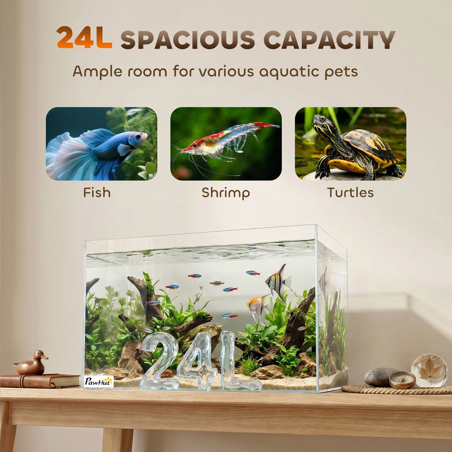 24L Fish Tank, Glass Aquarium, Small Fish Tank with Protective Base Mat, for Shrimps, Turtles, Transparent, 40 x 25 x 25 cm