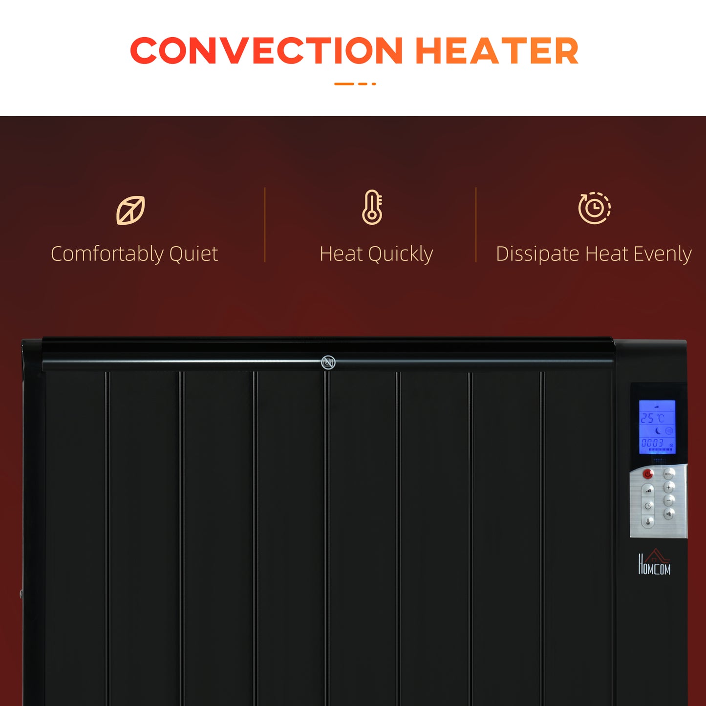 Convector Radiator Heater, Quiet Panel Heater, Freestanding or Wall-mounted Portable Electric Heater with Window Opening Detection Black