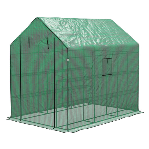 Walk-in Greenhouse w/ 3 Tier Shelves, Green House Garden Grow House w/ PE Cover, Roll-up Door, Mesh Windows, 140 x 213 x 190cm, Green