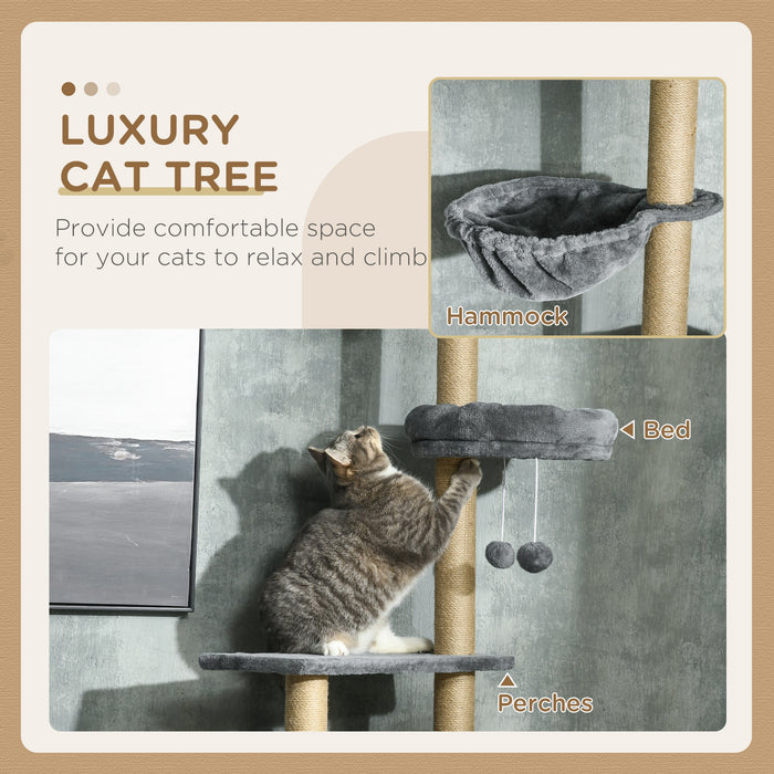 Floor to Ceiling Cat Tree, 6-Tier Play Tower Climbing Activity Center w/ Scratching Post, Hammock, Adjustable Height 230-250cm, Grey