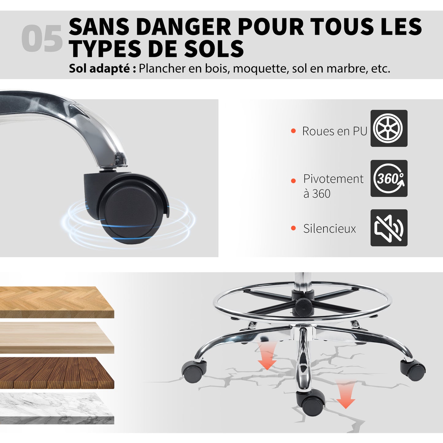 Ergonomic Tall Office Chair, 360 Degree Swivel Task Stool, Black