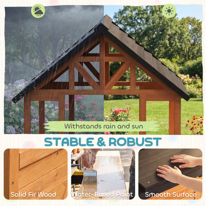 Wooden Playhouse for Kids with Table and Benches for Age 3-8, Brown
