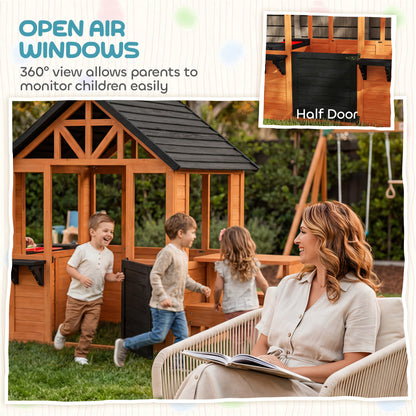 Wooden Playhouse for Kids with Table and Benches for Age 3-8, Brown