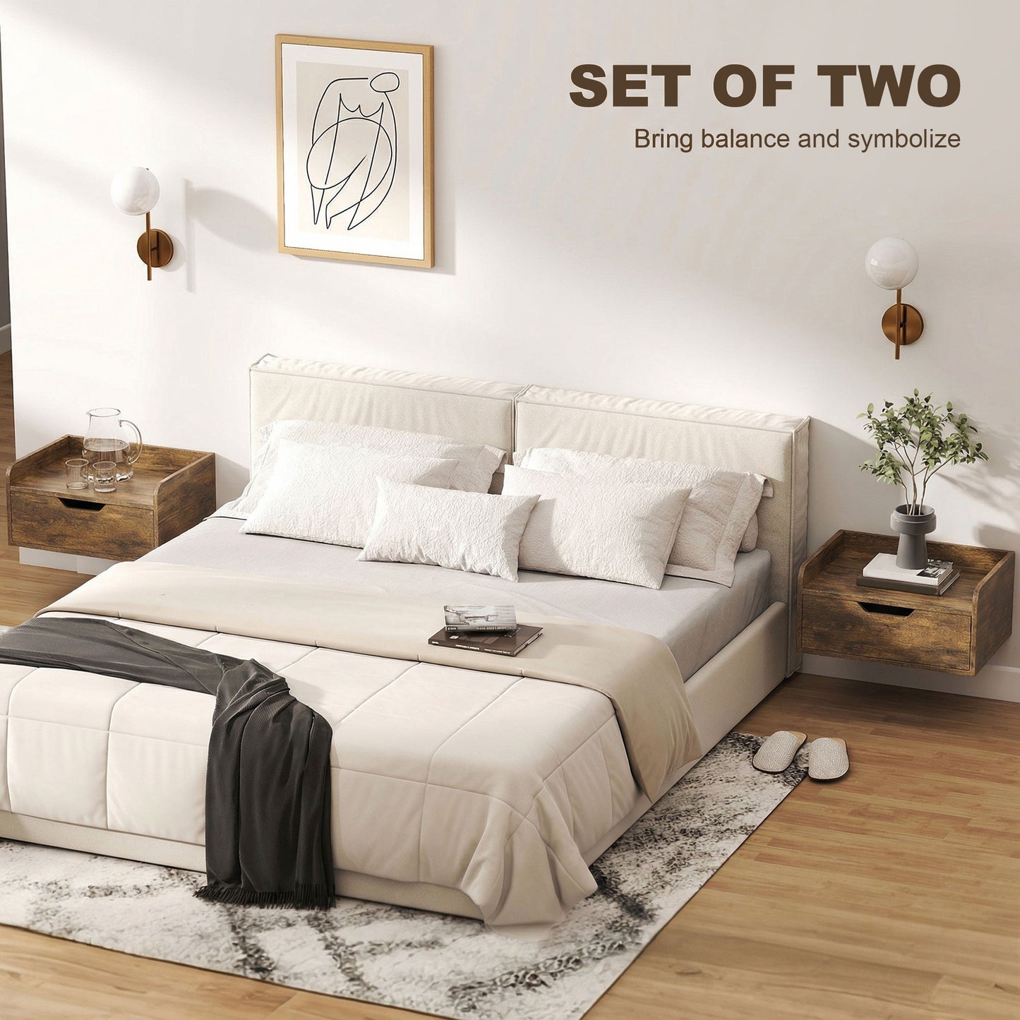 Floating Nightstands Set of 2, Nightstand with Drawer, Rustic Brown