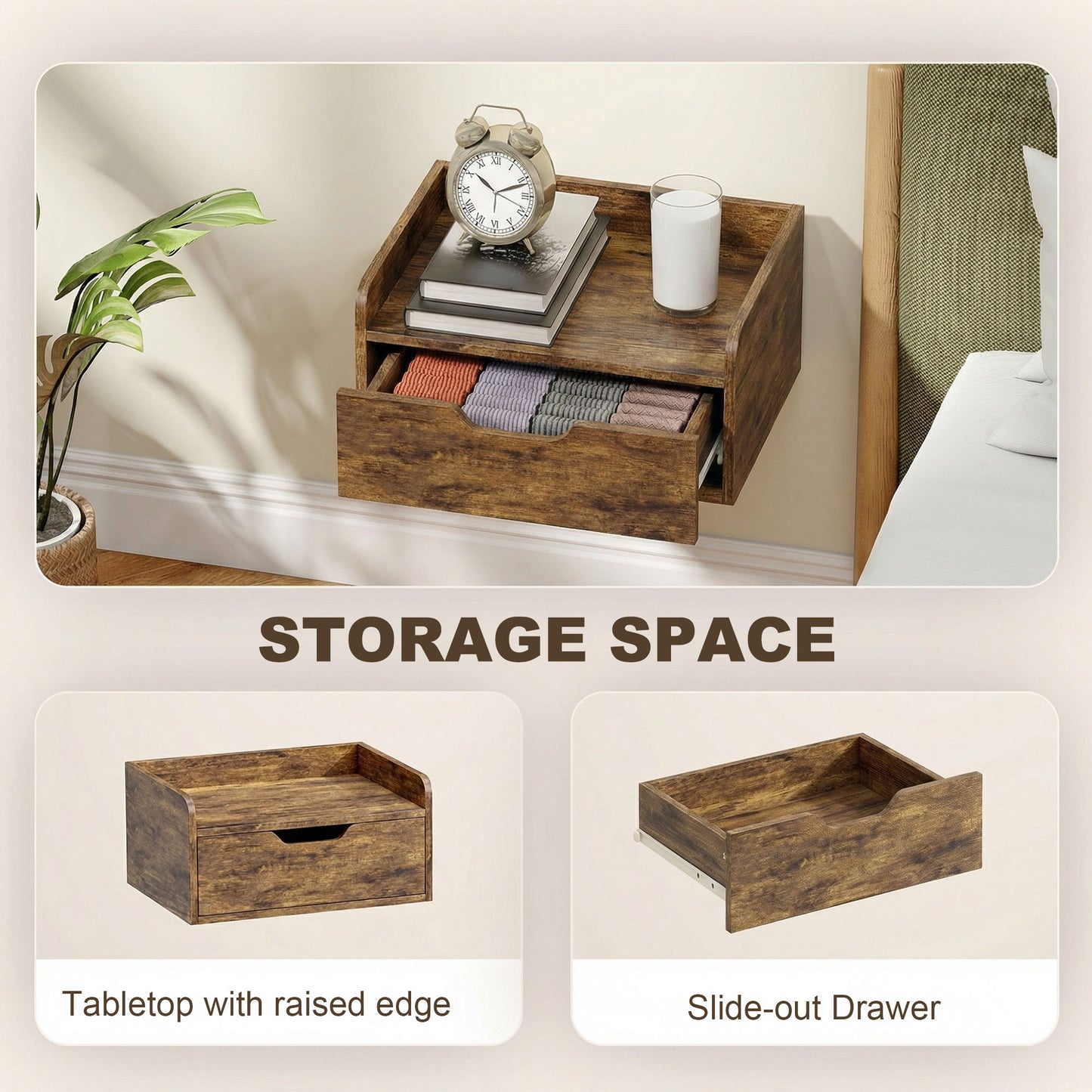 Floating Nightstands Set of 2, Nightstand with Drawer, Rustic Brown