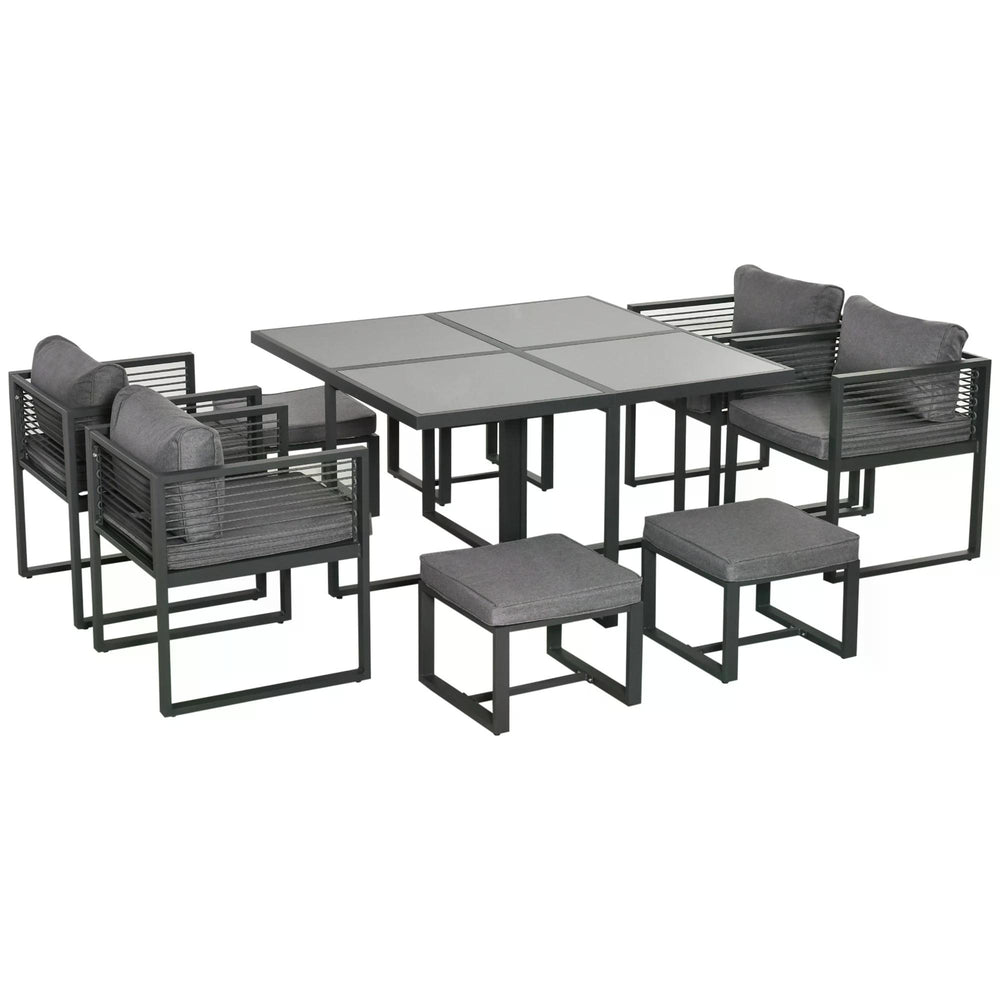 8 Seater Garden Dining Cube Set Aluminium Outdoor Furniture Set Dining Table, 4 Chairs and 4 Footstools with Cushion, Grey