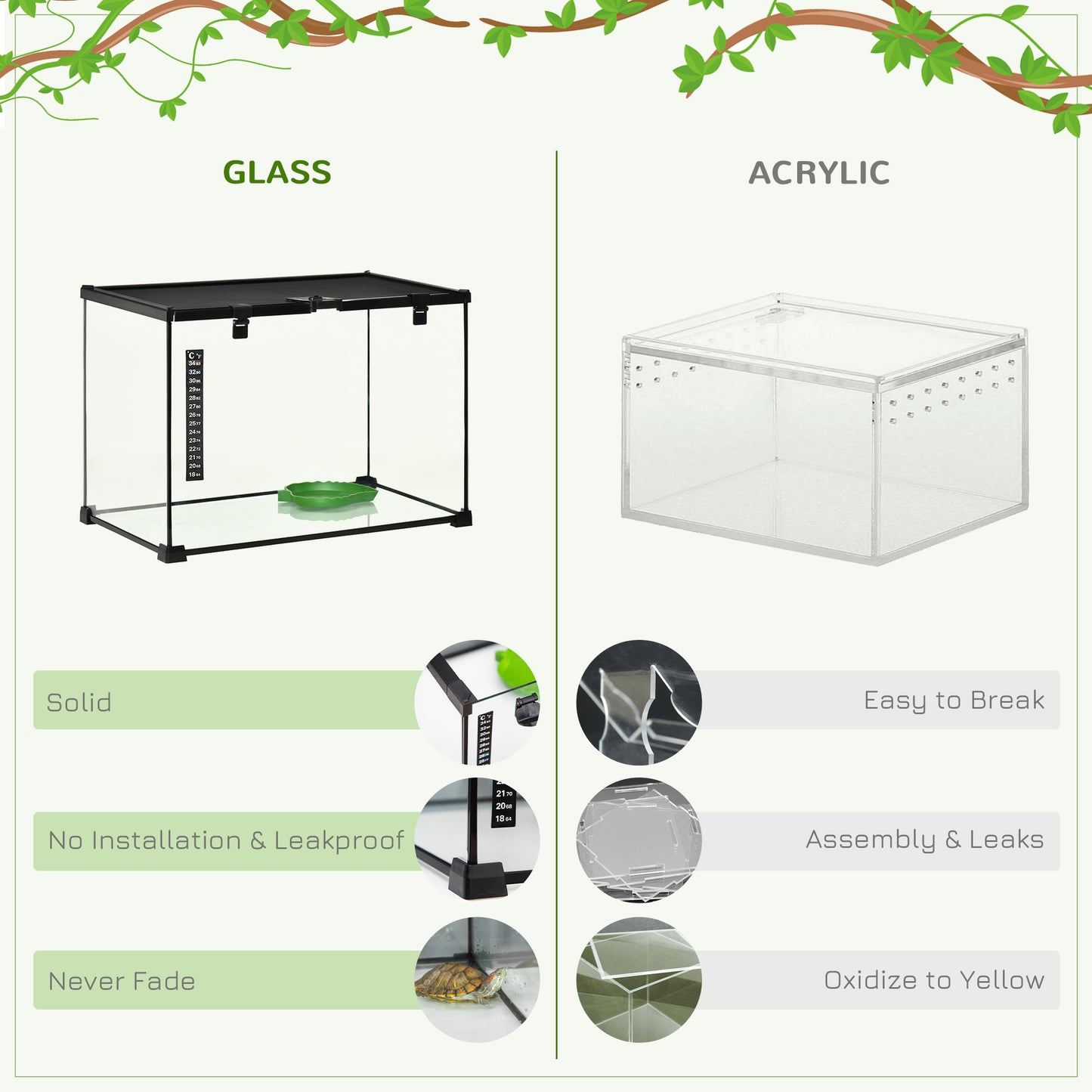 Glass Reptile Terrarium Insect Breeding Tank Vivarium Habitats with Thermometer for Lizards, Horned Frogs, Snakes, Spiders - Large 50 x 30 x 35cm