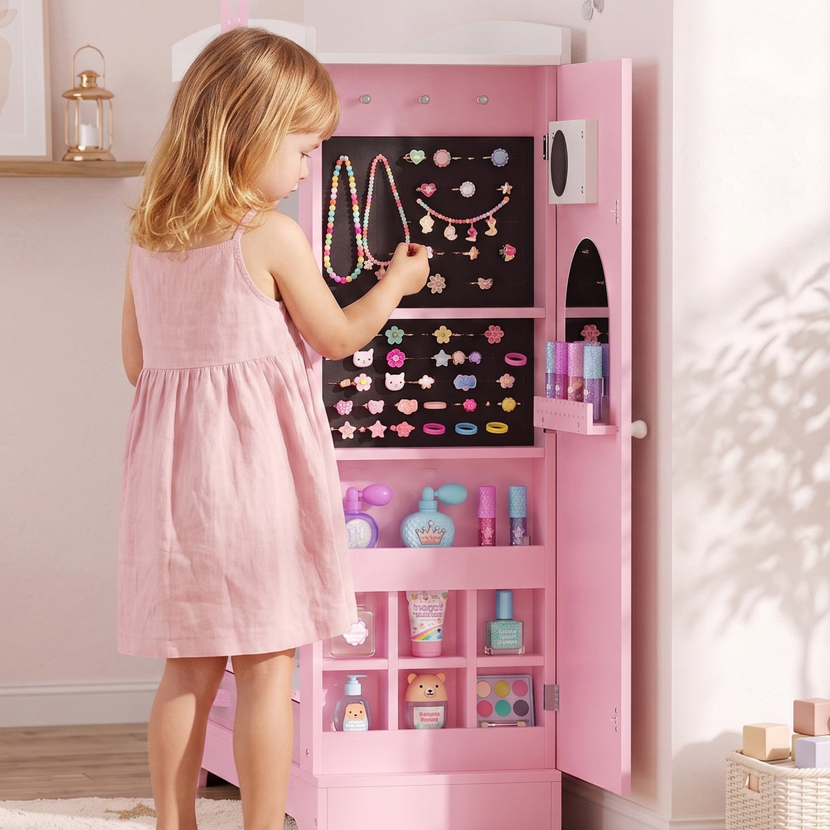 Kids Wardrobe, Children Dress Up Storage with Lighted Mirror, Pink