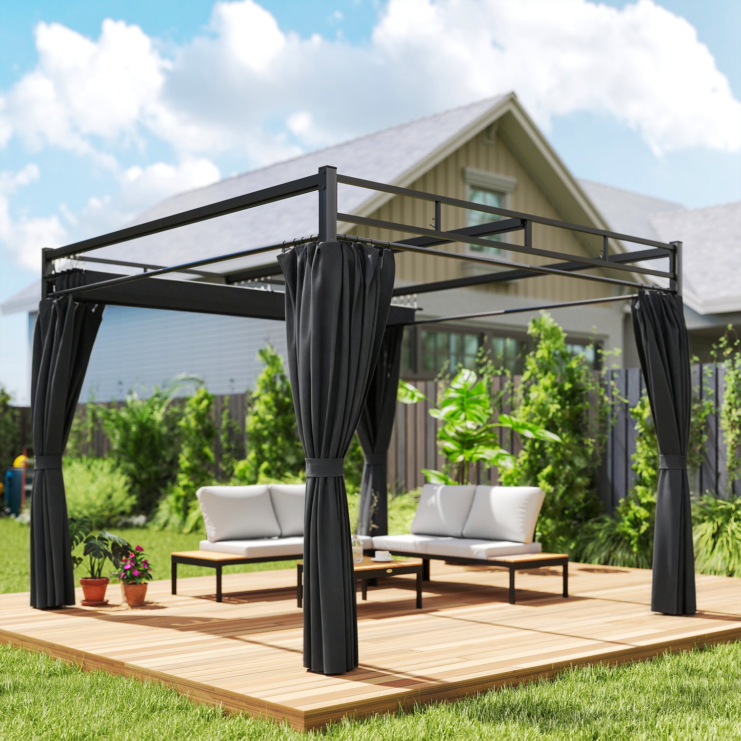 3 x 3 m Garden Pergola with Retractable Canopy, Curtains, Dark Grey
