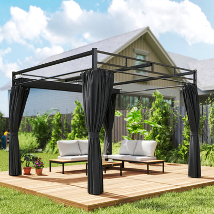 3 x 3 m Garden Pergola with Retractable Canopy, Curtains, Dark Grey