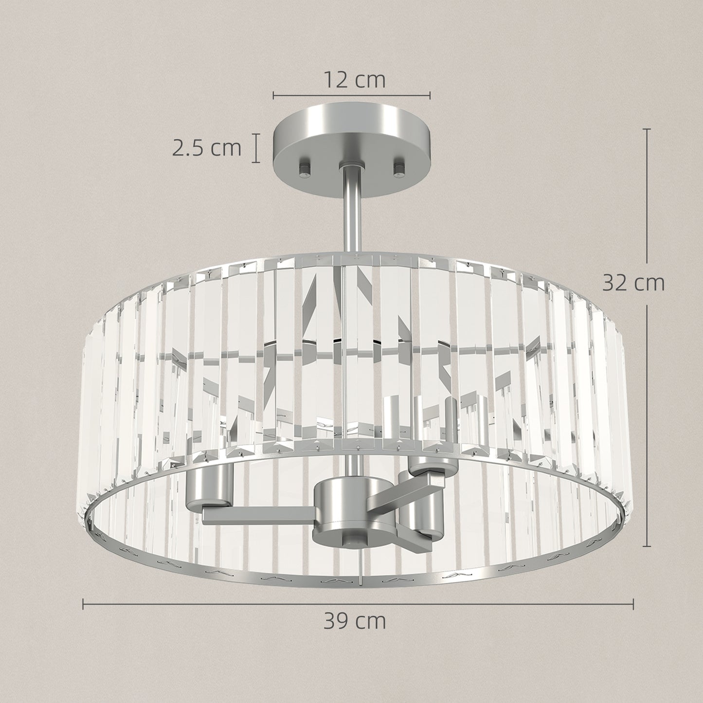 Semi Flush Mount Modern Crystal Chandelier Ceiling Light, Silver Tone