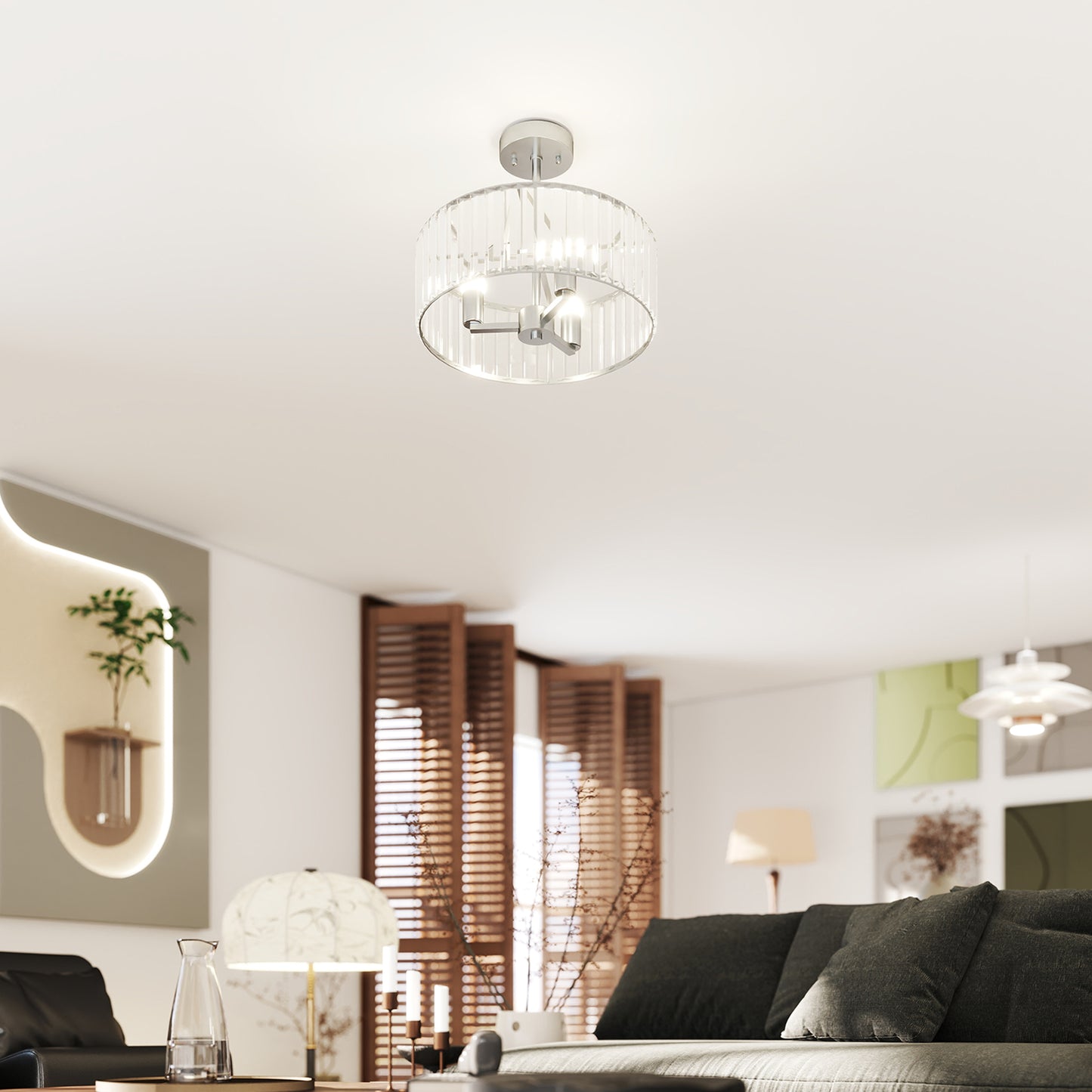 Semi Flush Mount Modern Crystal Chandelier Ceiling Light, Silver Tone