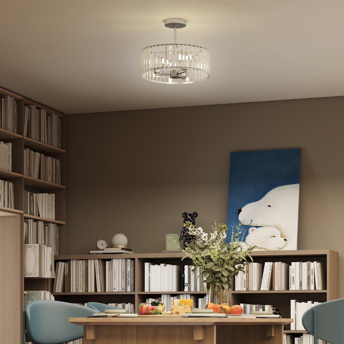 Semi Flush Mount Modern Crystal Chandelier Ceiling Light, Silver Tone