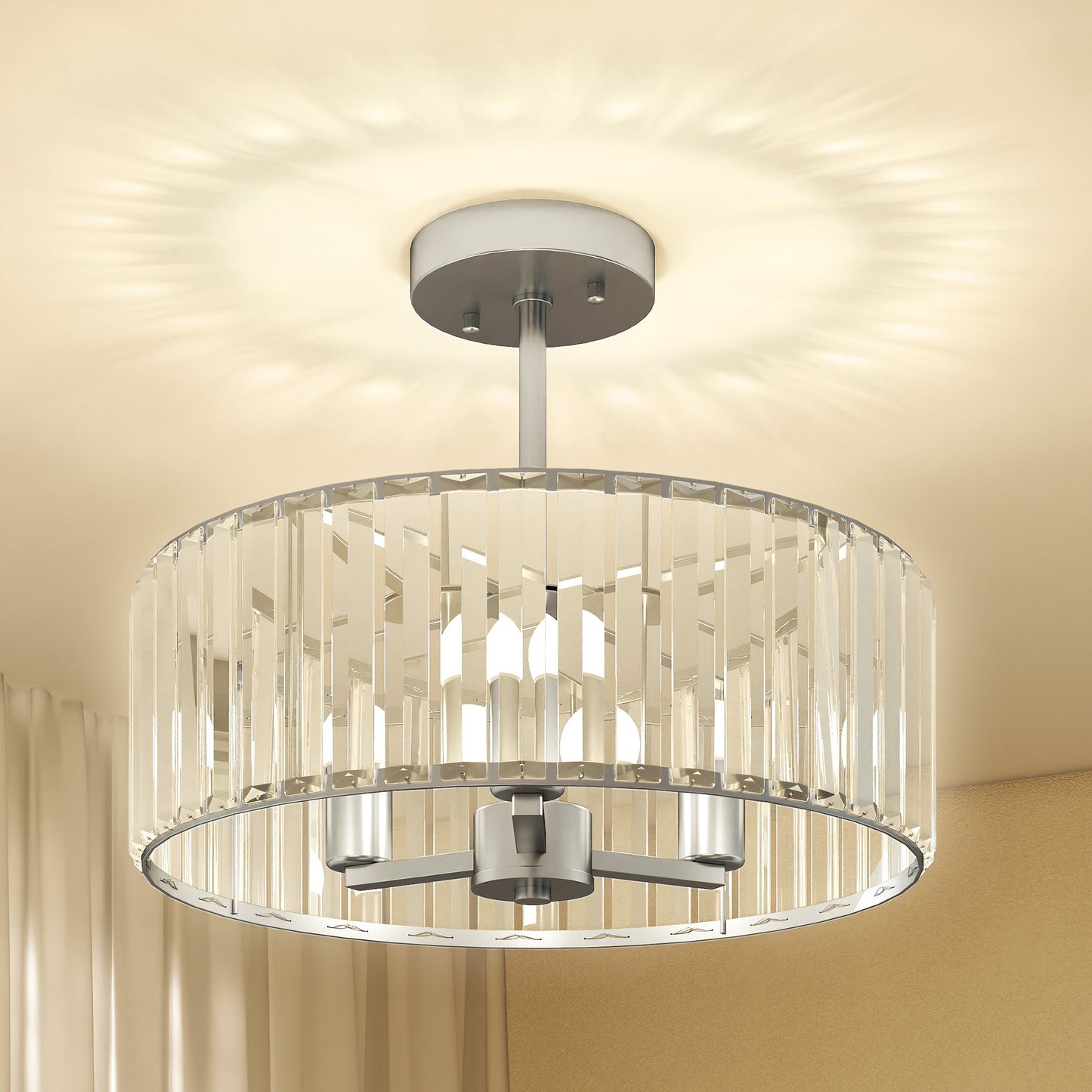 Semi Flush Mount Modern Crystal Chandelier Ceiling Light, Silver Tone