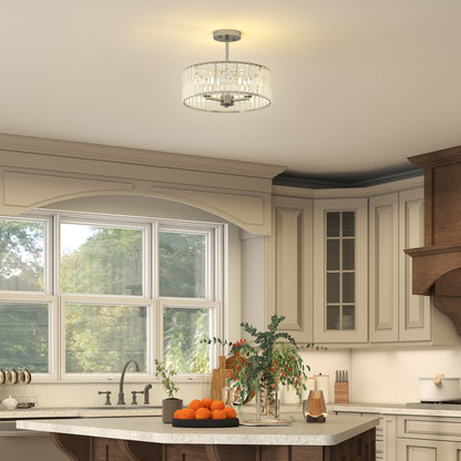 Semi Flush Mount Modern Crystal Chandelier Ceiling Light, Silver Tone