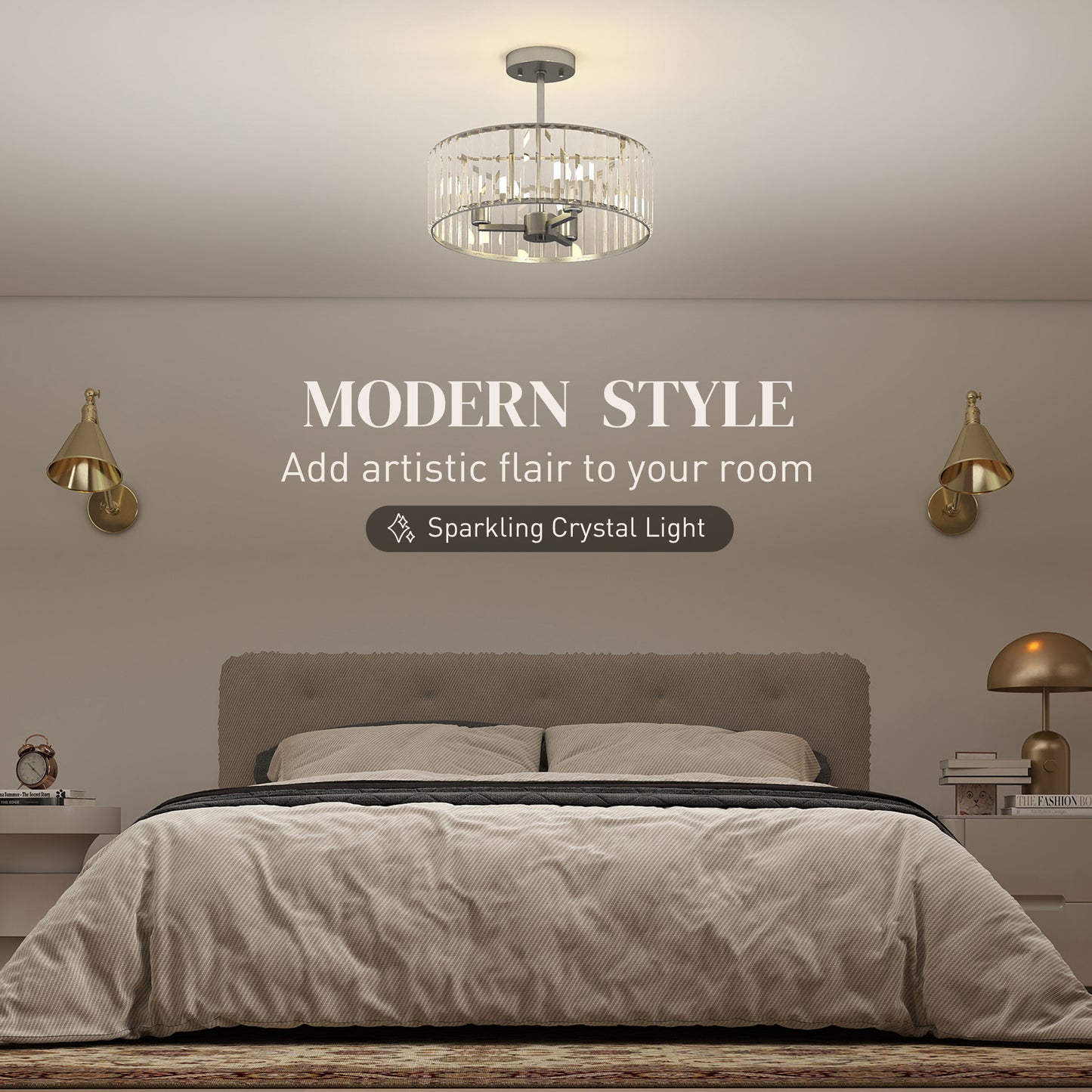 Semi Flush Mount Modern Crystal Chandelier Ceiling Light, Silver Tone