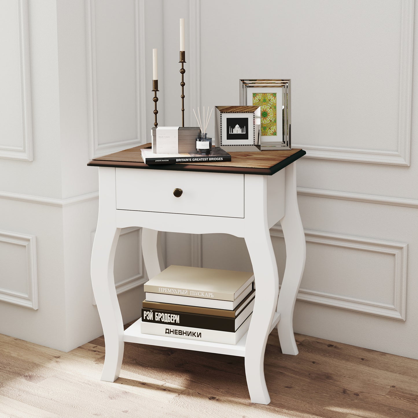 Bedside Tables Set of 2, Bedside Cabinets with Drawer, Shelf, White